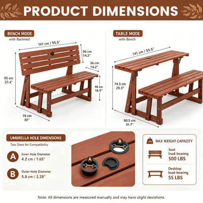 Table de pique-nique convertible 2-en-1 avec banc, ensemble de salle à manger pliable en bois pour l'extérieur 55,5 "avec dossier et trou pour parasol, pour la terrasse de la cour arrière