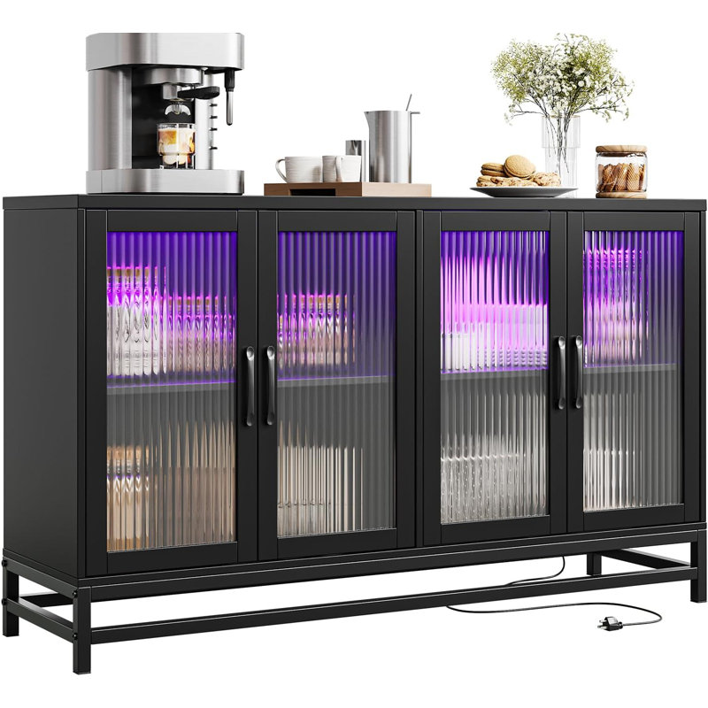 Buffet avec rangement et lumières à DEL, grande armoire en bois de 55 po avec 4 portes en verre cannelé