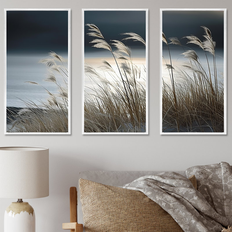 Plage, paysage d'hiver - ensemble de salon art mural océan, Cadre flottant blanc, H 32 po x l 48 po x P 1 po