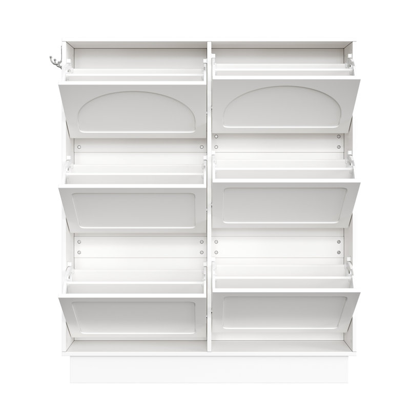Armoire à chaussures peu encombrante avec 6 tiroirs rabattables, tablette réglable, 3 crochets, conception étroite et moderne, style crème, couleur blanche, - - dispositifs à embout, trous de circulation d'air, rangement double couche coloré, finition,