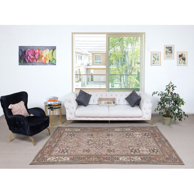 Tapis turc rétro à motif floral fabriqué à la main de couleur rose