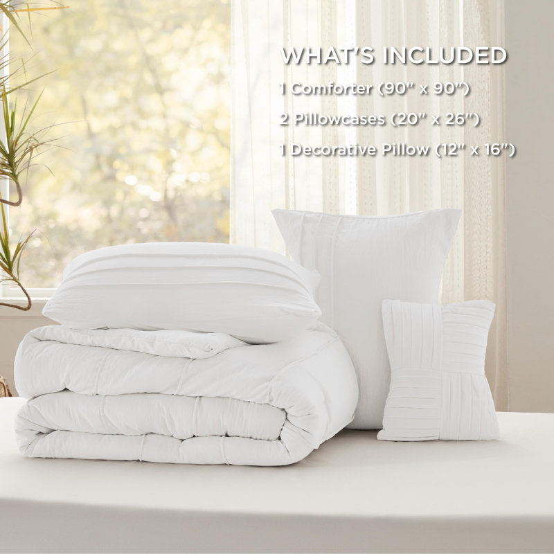 Best Seller Bedsure Prewashed Microfiber Pinch Pleat Comforter Set-89GSM, Queen Comforter + 3 Additional Pieces, White