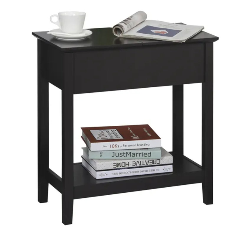 Side Table Dark Coffee with Flip Top Storage & Storage Shelf