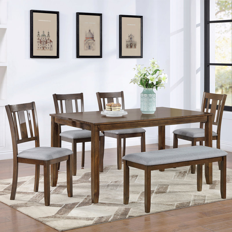 Ensemble de salle à manger de cuisine 6 pièces: table rectangulaire en bois et 4 chaises rembourrées + banc, pour 6 personnes
