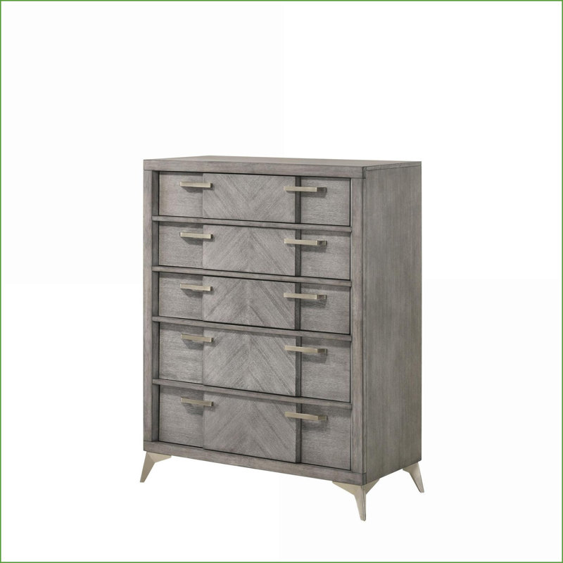 Commodes et amp; Commode 5 tiroirs avec placages assortis | Gris | Bois massif et panneau de fibres à densité moyenne