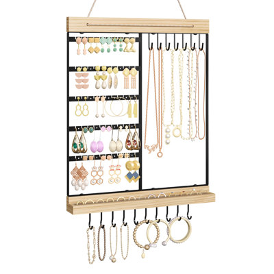 5-Tier Wall Earring Holder With Wooden Ring Groove, Jewelry Rack Wall Mounted For Earrings, Necklaces, Bracelets And Rings, Jewelry Holder Stand