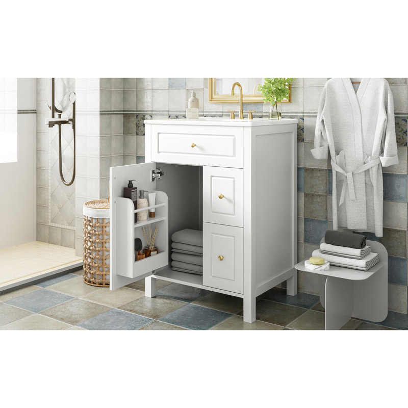 Meuble-lavabo de 24 po avec lavabo encastré en céramique, 1 porte à fermeture douce, tiroirs et poignées élégantes en aluminium avec portes, tablettes doubles sur une surface facile à nettoyer