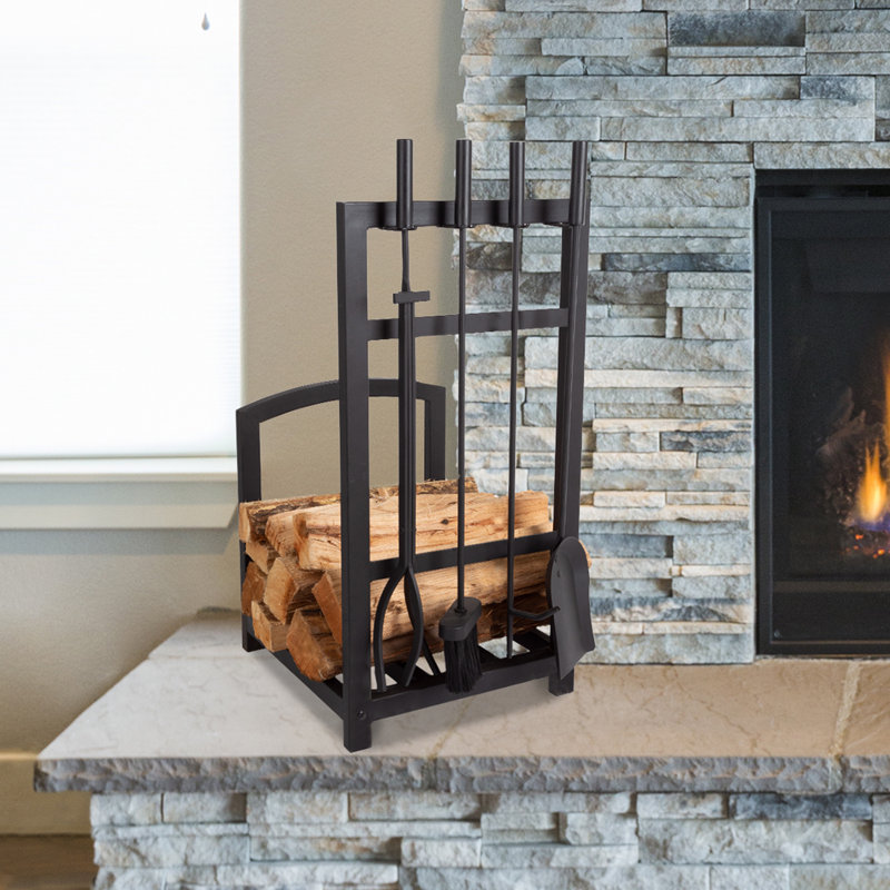 Ensemble d'outils de cheminée et support à bûches 5 pièces Steelside - Support à bois de chauffage de style mission avec pelle, balai, pinces et tisonnier pour le foyer