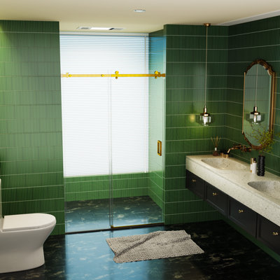 Portes de douche coulissantes simples sans cadre l 46 à 48 po x H 76 po, porte de douche coulissante pour salle de bain, porte en verre trempé Sgcc de 5/16 po (8 mm) d'épaisseur, installation réversible, or brossé