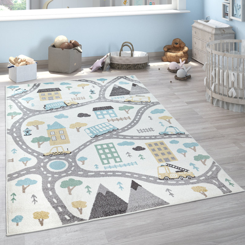Pastel Multicolor Polypropylene Nursery Rug with Streets and Cars Motif