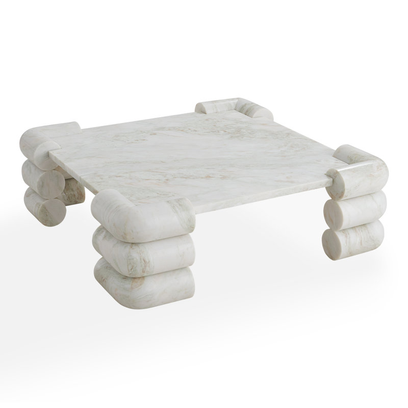 Oversized White Marble Square Coffee Table with Stacked Cylinder Legs