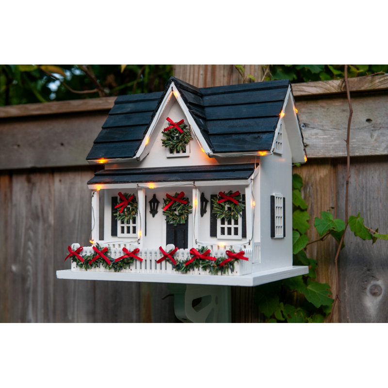 Holiday White and Black LED Light Birdhouse with Wreaths