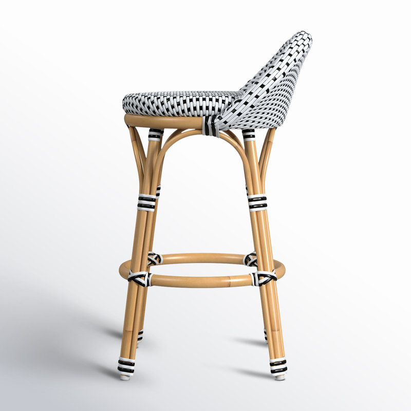 Tobias Outdoor Rattan and Metal Low Back Counter stool, Black/White