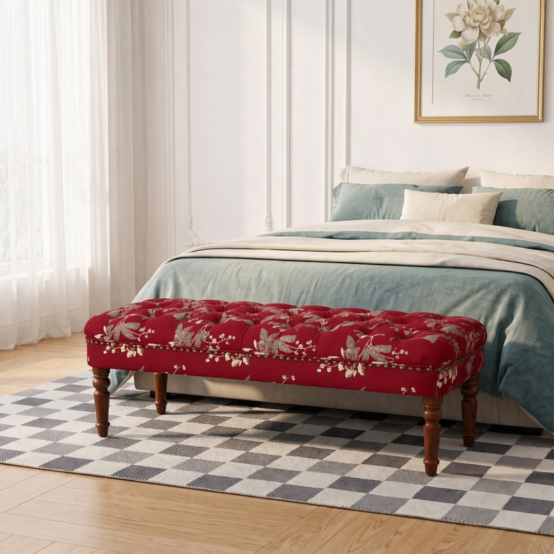 Banc capitonné de style européen à motifs floraux avec pattes en bois tourné, Rouge