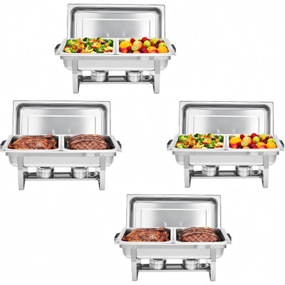 Ensemble de 4 réchauds rectangulaires à 2 puits, ensemble de réchauds à deux compartiments en acier inoxydable, serveur complet pour la restauration, les mariages, les fêtes à la maison et le service de buffet