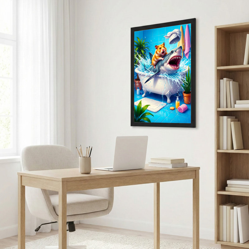 Shark And Hamster In Bathtub Canvas Wrapped Wall Art Oil Painting Print Set Of 1, 24" H x 16" W