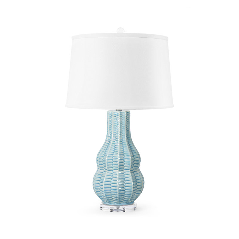 Quinn Lamp With Shade 17-Inch White Linen, With Nickel, Waterfall Blue