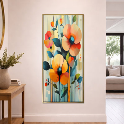 Panneau de papier peint orange et bleu rétro - coquelicots, art mural encadré floral
