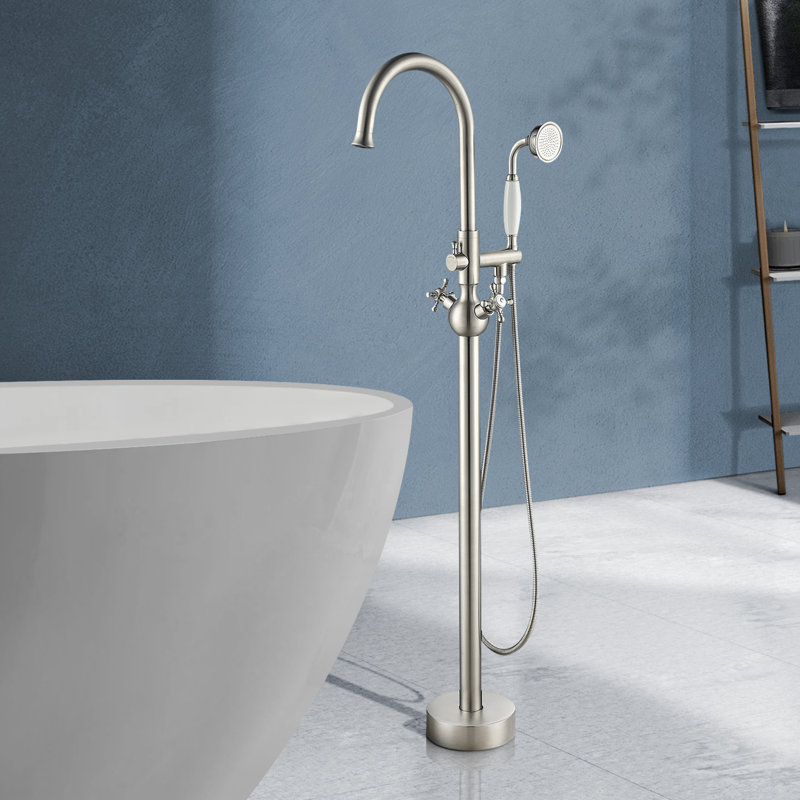 Topcraft Single Handle Freestanding Bathtub Faucet Floor Mount Tub Filler with Handheld Shower, Brushed Nickel