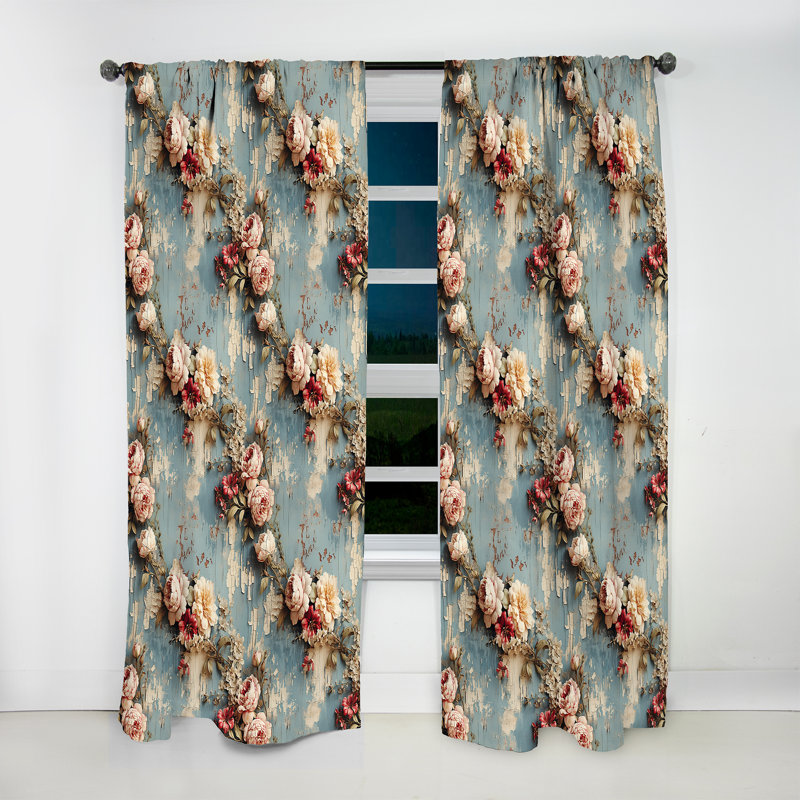 Pink Romantic Peony Vines Charm I - Vintage Curtain - Velvet Room Darkening - 1 panel, 52" W x 95" L