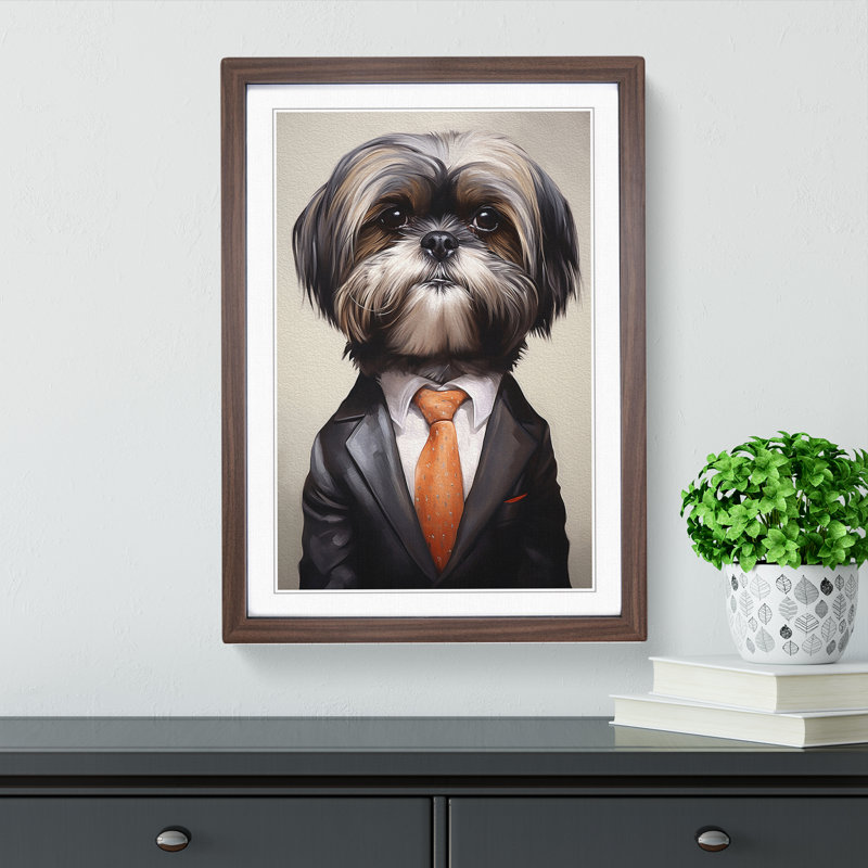 Shih Tzu In A Suit Painting No.4 - Single Picture Frame Print on Wood, 46cm H x 34cm W x 2cm D, Walnut