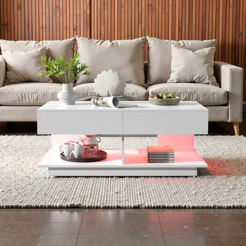 Table basse à DEL extensible moderne avec rangement et éclairage d'ambiance 16 couleurs Modern, Blanc