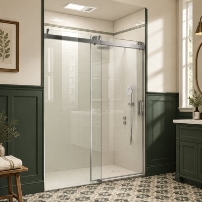 Single Sliding Frameless Shower Door 56" - 60" W x 76" H with with SGCC Thick Tampered Glass, Soft-Close, Explosion-Proof Film, Brushed Nickel 