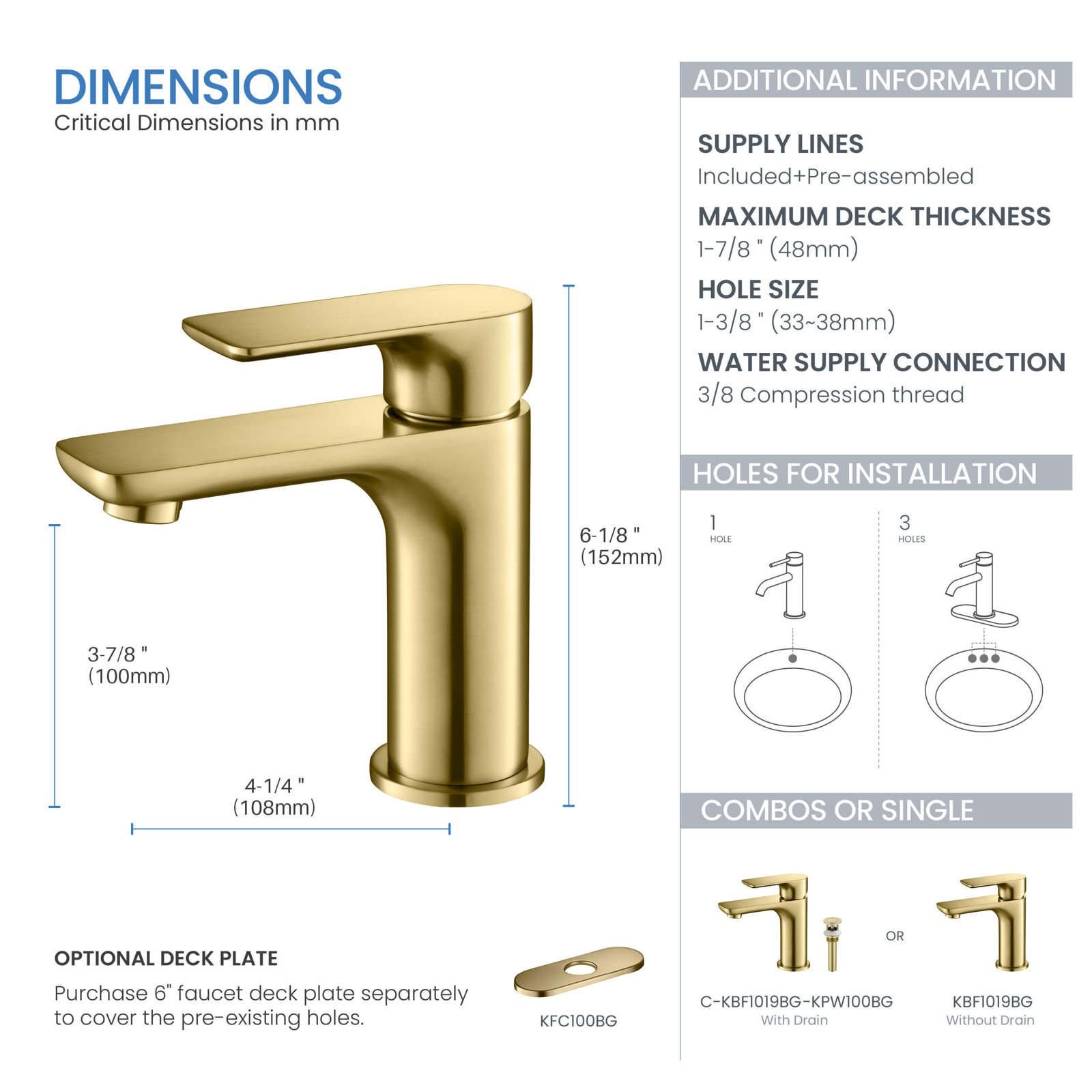 Tender Single-Hole Bathroom Faucet with Drain, Brushed Gold