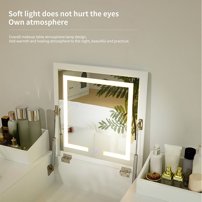Ensemble de coiffeuse avec miroir à DEL et prise de courant, coiffeuse avec tiroirs et armoire, pour chambre à coucher, salle de bain