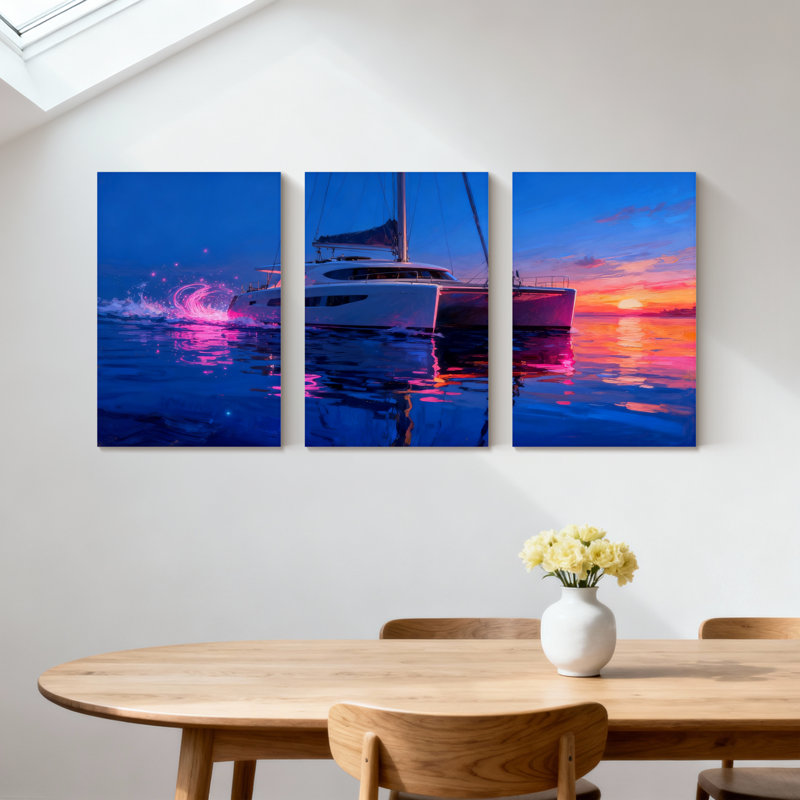 Nautique, coucher de soleil, voilier, océan, reflet, ciel rose, eau, ensemble de 3 impressions sur toile, H 18 po x l 36 po