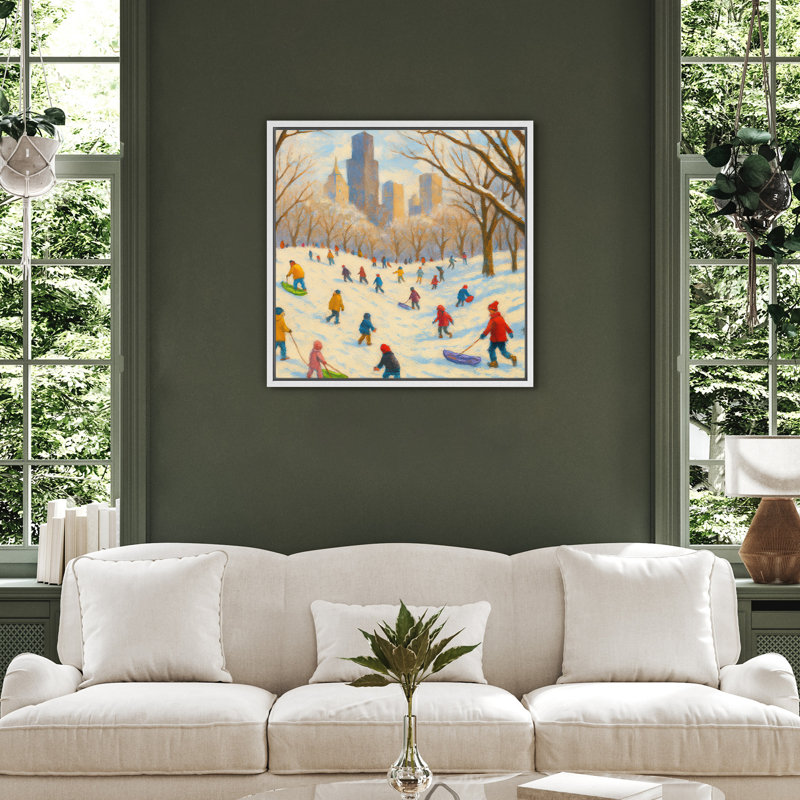 «Winter City Park Sledding Scene Wall Decor», reproduction d'art sur toile encadrée, H 16 po x l 16 po x P 1,5 po