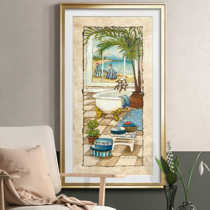 Jour au paradis II - peinture encadrée, H 14,5 po x l 26,5 po x P 1,5 po, Doré