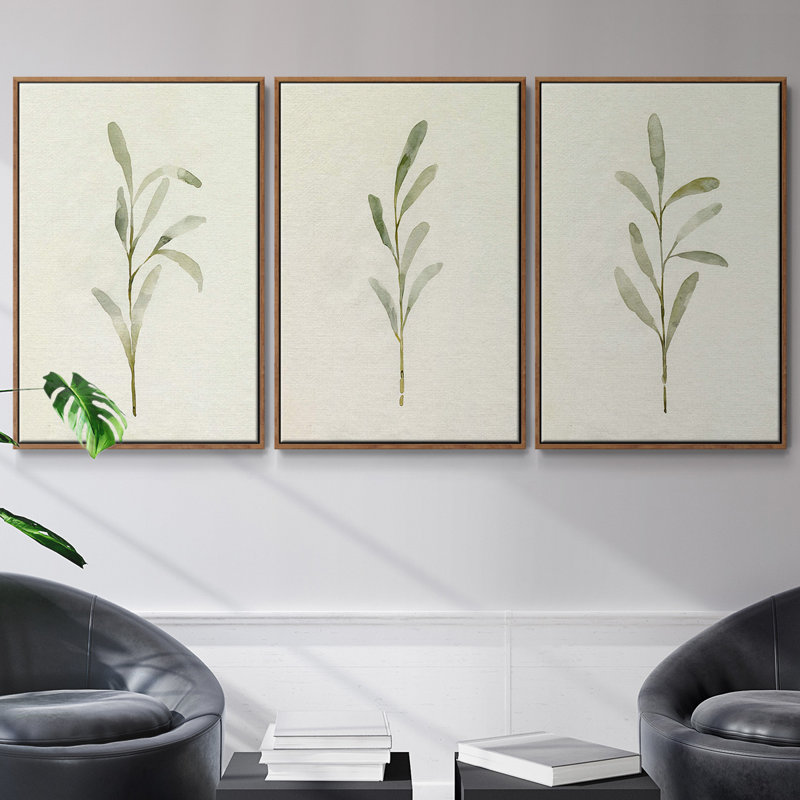 Olive Leaves I, ensemble de 3 toiles encadrées sur toile, Noyer, H 27 po x l 54 po