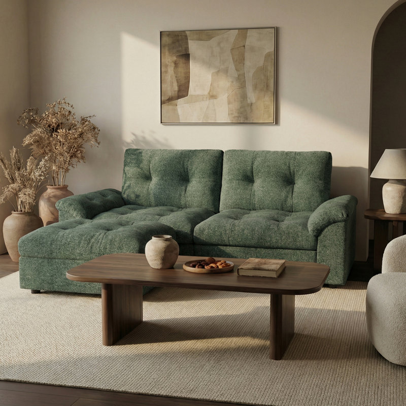 74" Modular Sectional Cloud Sofa With Deep Seat Couch,lattice Decored Design, Green Chenille, 38.85" H x 74" W x 56" D
