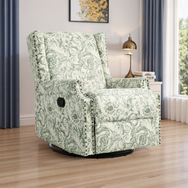 Upholstered Classic Wing Back Manual Handle Swivel Rock Glider Recliner with Naihead Trims