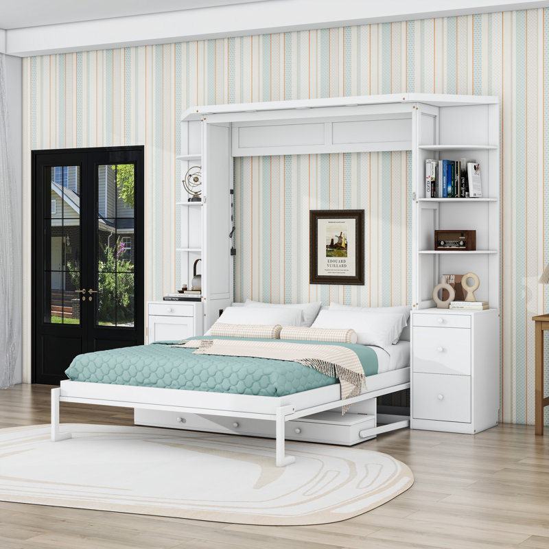 Grand lit escamotable peu encombrant avec bureau intégré et tiroirs de rangement, tablettes, Blanc