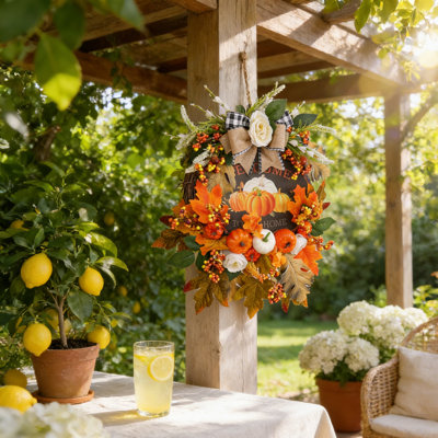 Summer Fall Wreath for Front Door Outside, Large Autumn Wreath with Pumpkins, Berries, Hazelnuts & Foliage – Rustic Farmhouse Harvest Decor for Indoor Outdoor Home Decoration