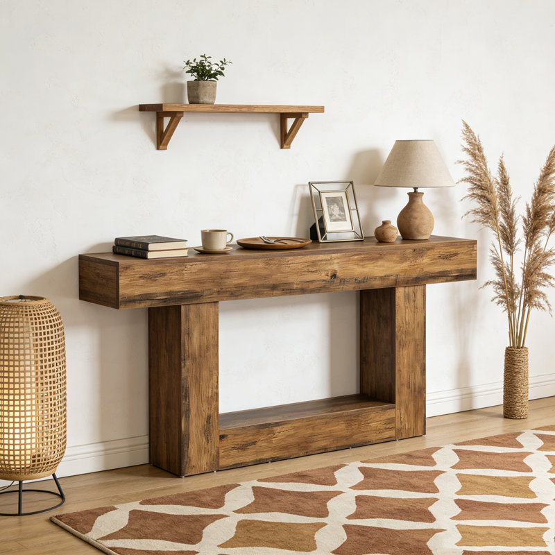 Wooden Farmhouse 2-Tier Sofa Entryway Table, Rustic Brown