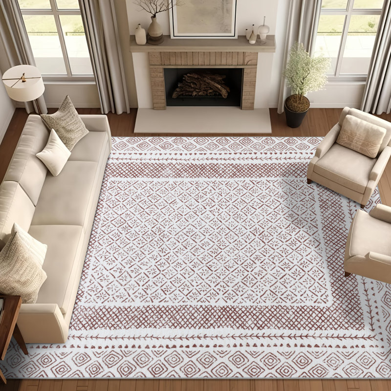 Boho Warm Brown Geometric Machine Washable Area Rug, Rectangle 9' x 12'