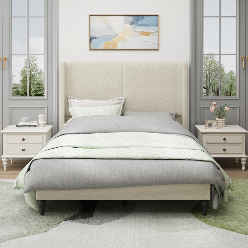 Queen Size Bed Frame With 55.5"High Back Upholstered Headboard, Boucle Fabric,12 Slat Support,Thickened Side Panels,Solid Wood Feet,No Box Spring Needed(Beige)