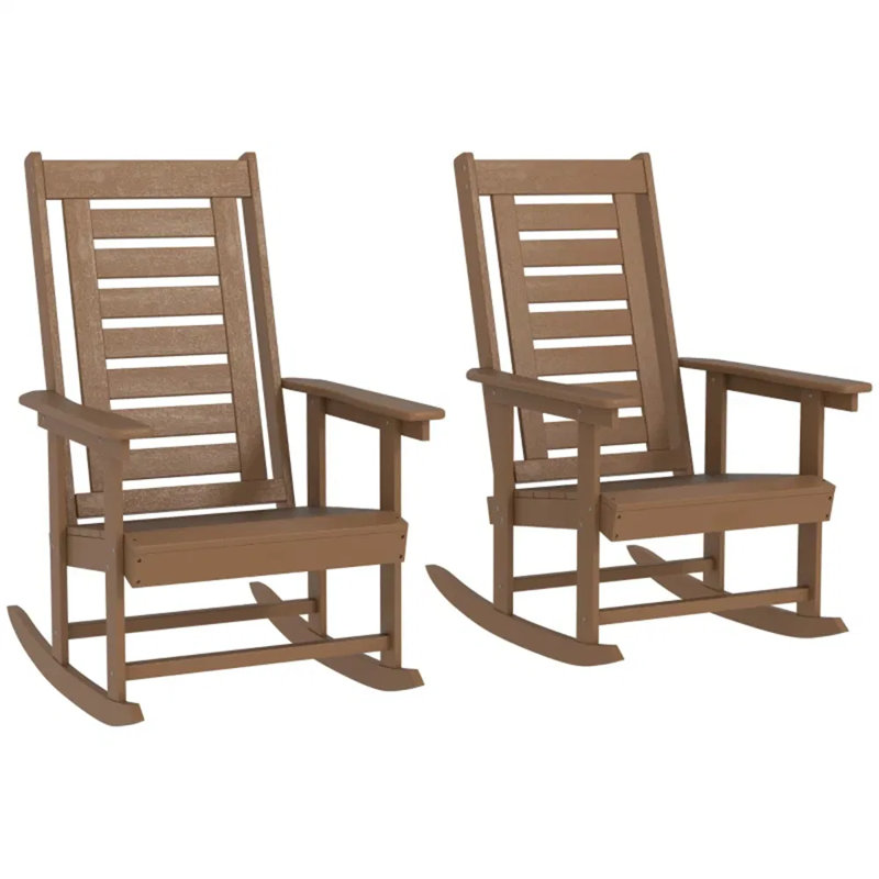 Set Of 2 Brown Outdoor Rocking Chairs, Hdpe Porch Rockers With High Sloped Back, Recessed Armrests, Weather-resistant Patio Furniture For Balcony, Garden, Living Room, 265 Lbs Capacity
