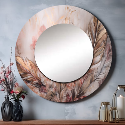 Phera plumes glamour dorées de Boho Fantasy IV - miroir unique en plumes glamour, grand miroir mural rond doré, art imprimé en métal