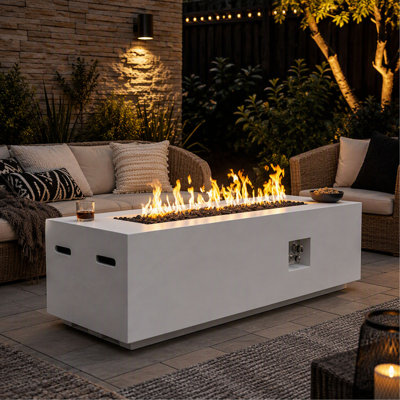 60 Inch Rectangular Concrete Propane Fire Pit Table, 60,000 BTU Gas Burner with Auto-Ignition, Lava Rocks, and Waterproof Cover, White Finish for Backyard