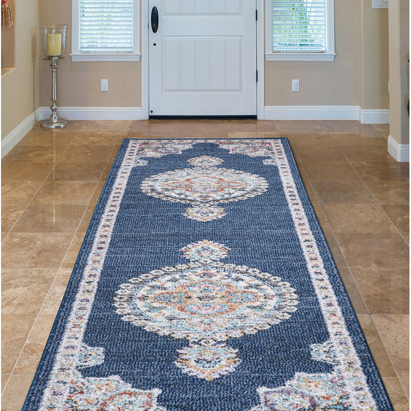 Medallion Power Loomed Performance Navy Rug, Runner 2'3" x 7'3"