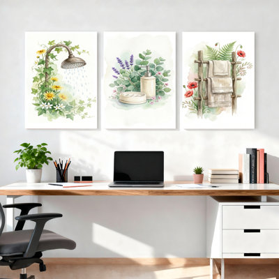 Floral douche lavande savon et porte-serviettes tendus sur toile tendue, ensemble de 3 reproductions d'art