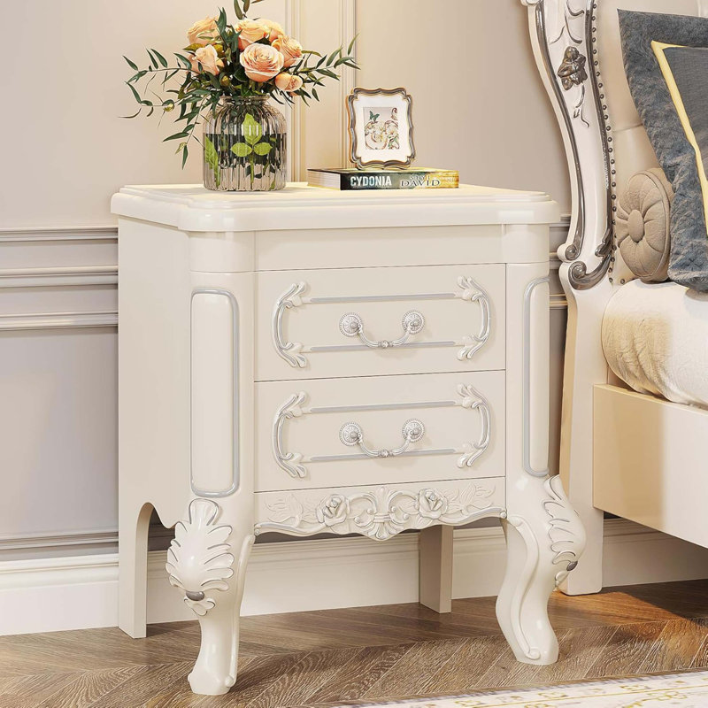 Table de chevet avec tiroirs - table de bout sculptée classique de 20 po, table de chevet à 2 tiroirs pour la chambre à coucher, mobilier d'appoint rétro