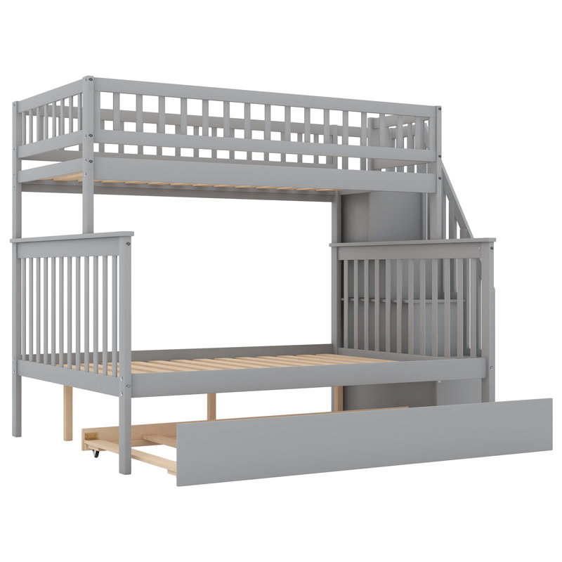 Bunk Bed with Trundle and Staircase,Twin over Full,65.30"H*57.80"W*90.80"L, Gray