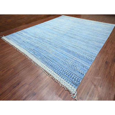 12'2"x15'3" Imperial Blue, Moroccan Weave, All Over Intricate Block Geometric Design, Textured Pile, 100% Wool, Hand Knotted, Oversized, Oriental Rug