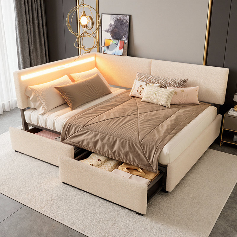 Full Size Boucle Upholstered, Platform Bed Frame With 2 Drawers USB Charging & LED Lighting, Full 