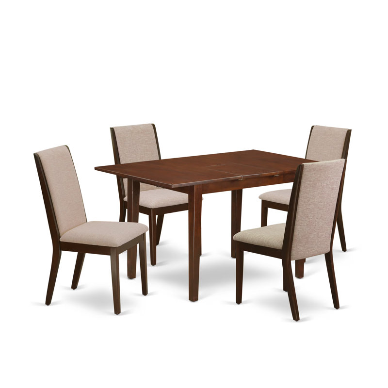 Mahogany Finish Solid Wood Top - Upholstered Dining Room Set with Butterfly Leaf, 5 Pieces: 1 Table, 4 Chairs